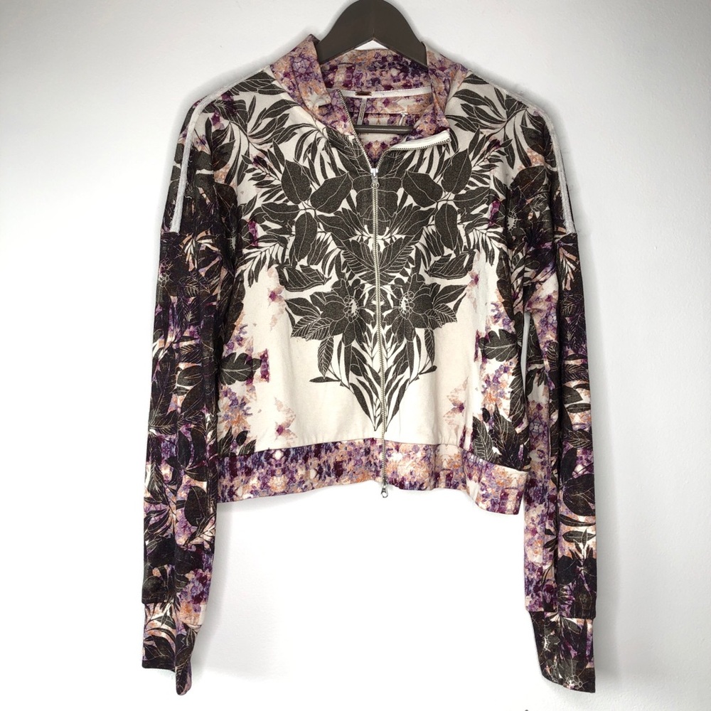 Free People Floral Print Full Zip Crop Sweatshirt Jacket